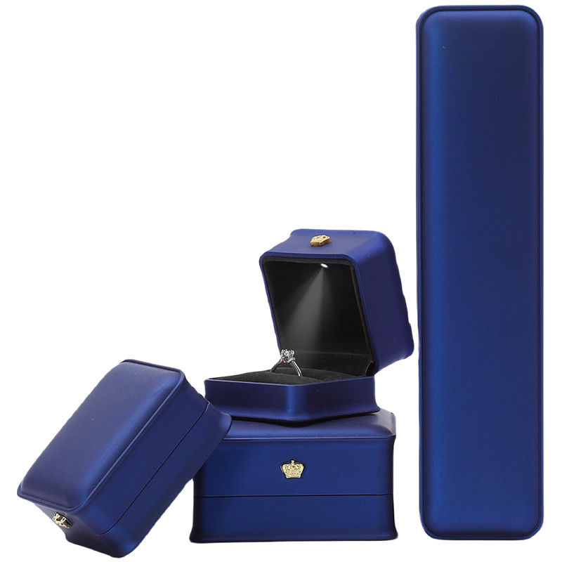 Soft Convex PU Leather LED Jewelry Storage Box Luxury Jewelry Case Dark Blue Color