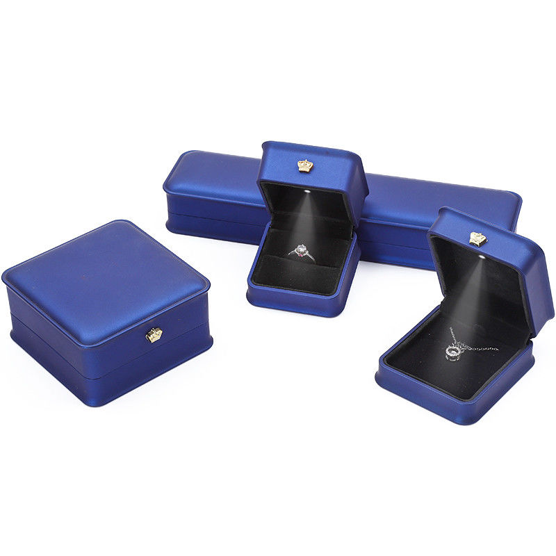 Soft Convex PU Leather LED Jewelry Storage Box Luxury Jewelry Case Dark Blue Color