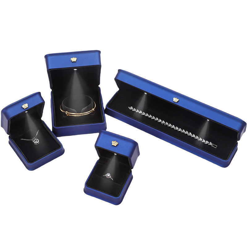 Soft Convex PU Leather LED Jewelry Storage Box Luxury Jewelry Case Dark Blue Color