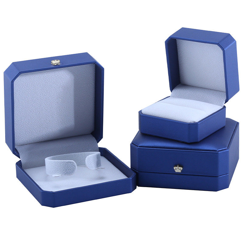 Custom Crown Shape Jewelry Storage Box in Blue PU Leather for Rings and Accessories