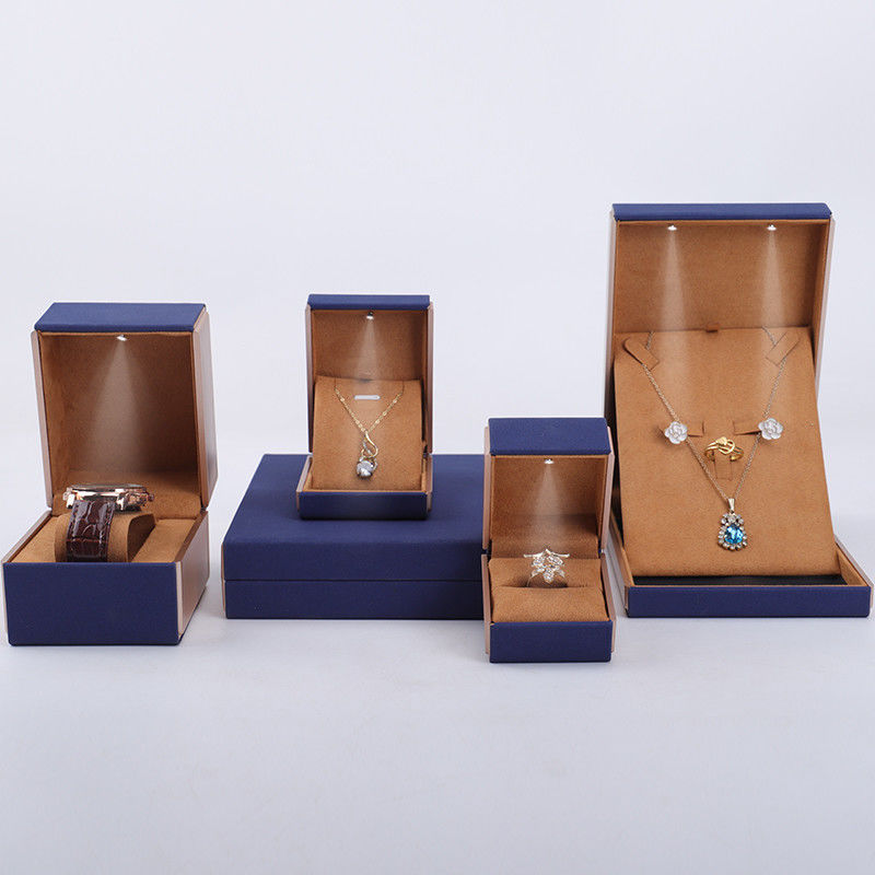 19x19x4cm Blue Velvet PU Leather Jewelry Gift Box with LED Light and Velvet Lining