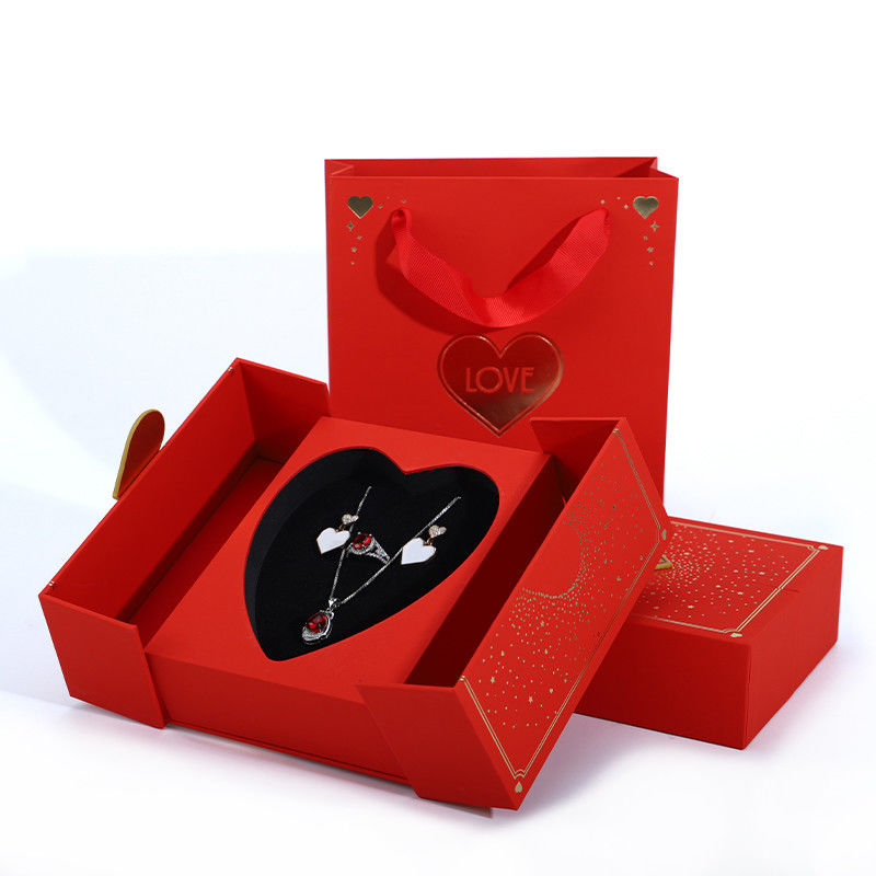 Heart Shaped Red Rose Flower Jewelry Box Packaging For Valentine's Day Necklace