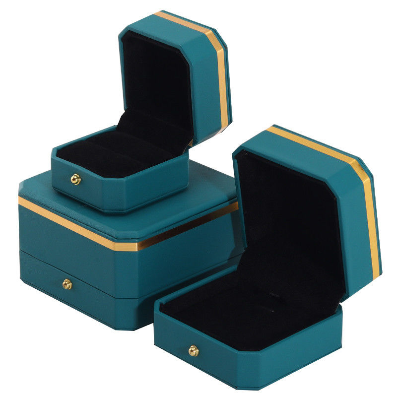 Dark Green Upscale Octagonal Faux Leather Luxury Box Gold Trim Jewelry Packaging