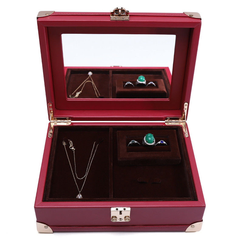 Luxurious Corner Protection PU Leather Jewelry Storage Organizer Case with Mirror