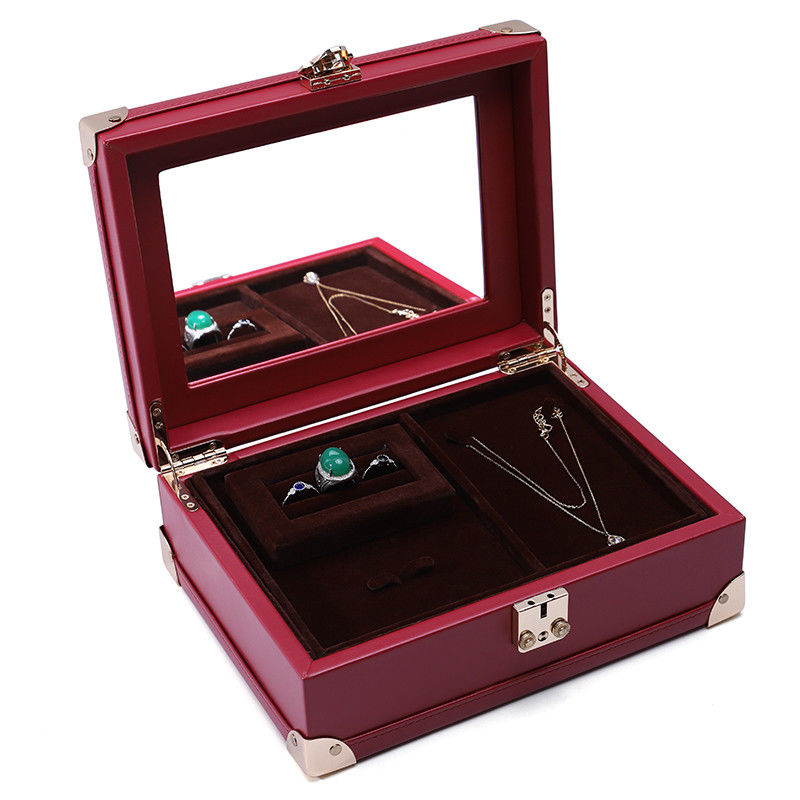 Luxurious Corner Protection PU Leather Jewelry Storage Organizer Case with Mirror