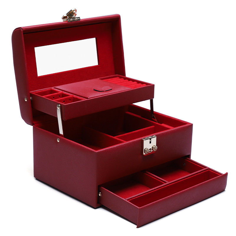 Red Portable Large Capacity PU Leather Jewelry Organiser with Mirror for Travel