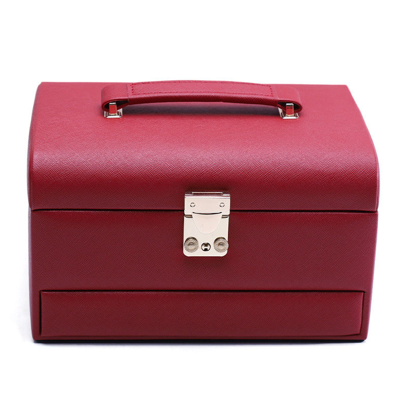 Red Portable Large Capacity PU Leather Jewelry Organiser with Mirror for Travel