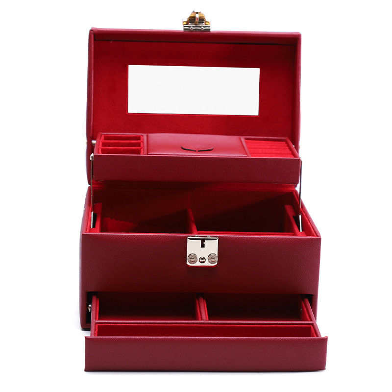 Red Portable Large Capacity PU Leather Jewelry Organiser with Mirror for Travel