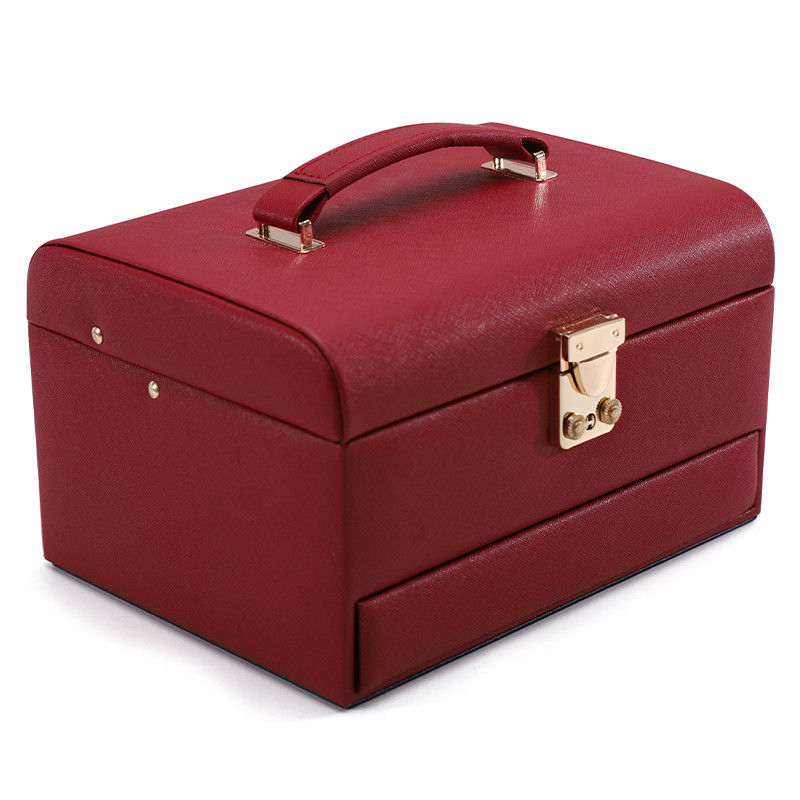 Red Portable Large Capacity PU Leather Jewelry Organiser with Mirror for Travel