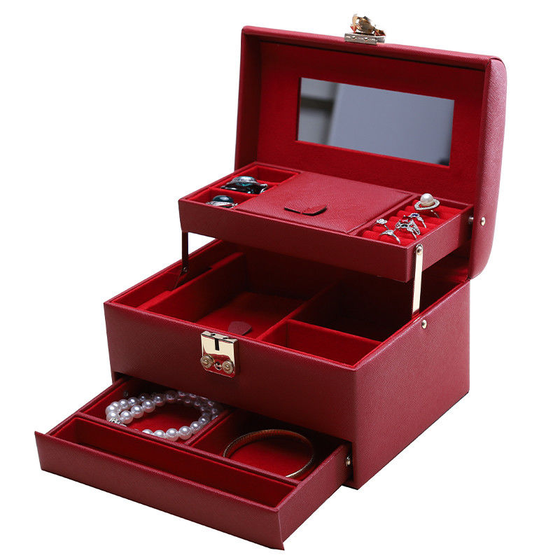 Red Portable Large Capacity PU Leather Jewelry Organiser with Mirror for Travel