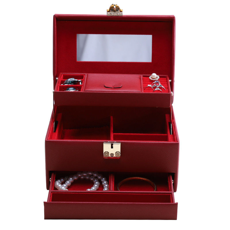 Red Portable Large Capacity PU Leather Jewelry Organiser with Mirror for Travel