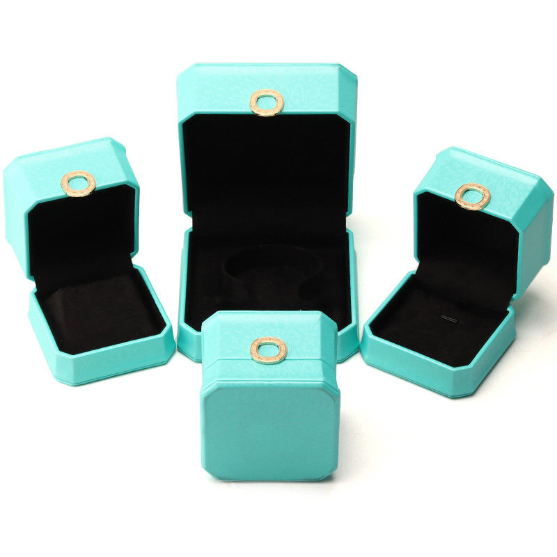 Octagonal Cyan Ring Ornament PU Leather Jewelry Luxury Packaging Box Organizer