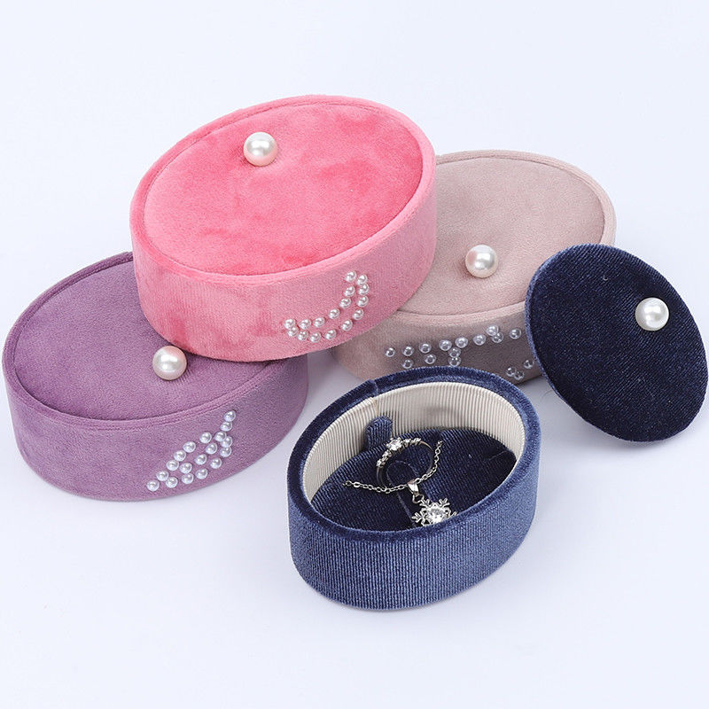 Mini Oval custom velvet ring box , Ring Storage Box With Pearl Ornament