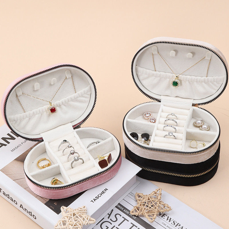 Oval Multiple Cells Soft Velvet Jewelry Travel Zipper Organizer for Pendant Ring