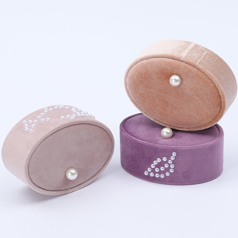Mini Oval custom velvet ring box , Ring Storage Box With Pearl Ornament