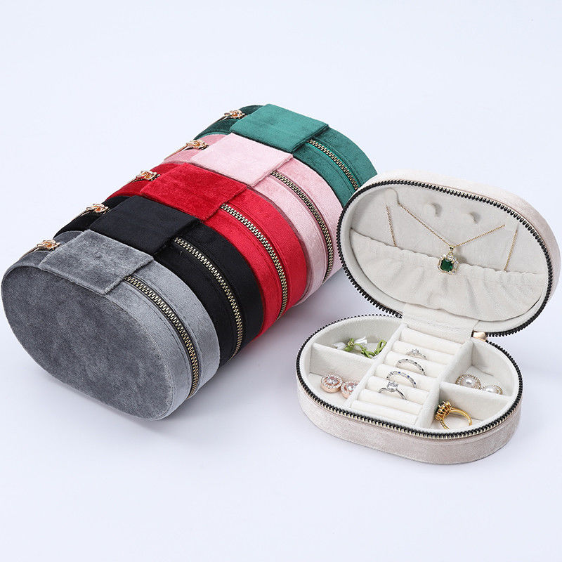 Oval Multiple Cells Soft Velvet Jewelry Travel Zipper Organizer for Pendant Ring
