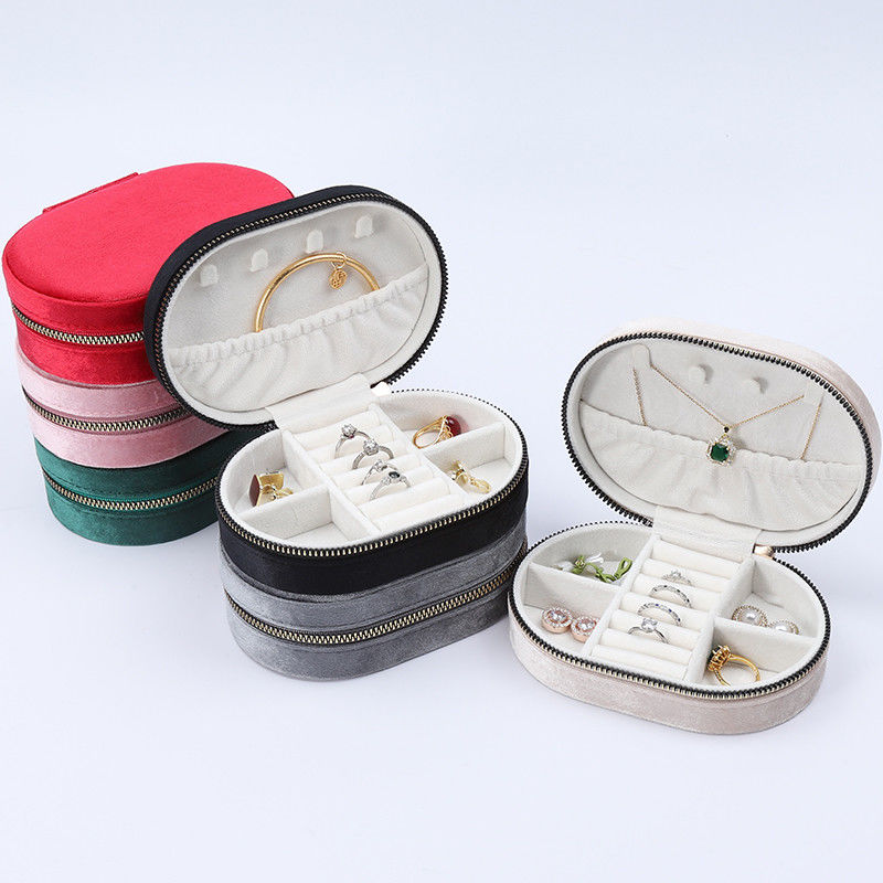 Oval Multiple Cells Soft Velvet Jewelry Travel Zipper Organizer for Pendant Ring