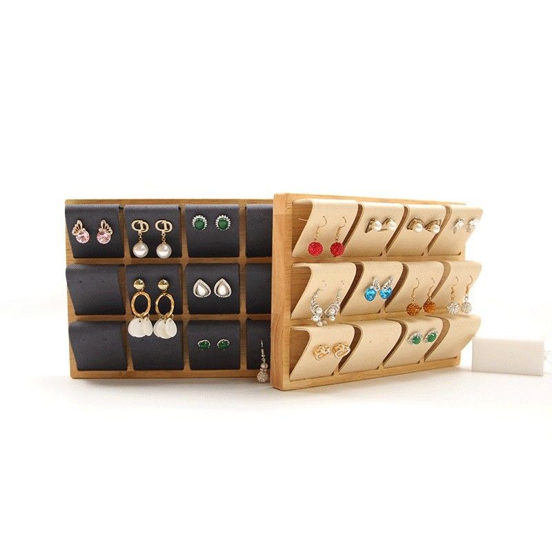Soft Velvet Cover Wooden Jewelry Storage Display Tray Stand for Ear Studs Drops
