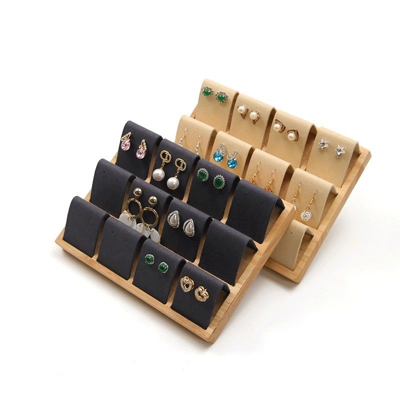 Soft Velvet Cover Wooden Jewelry Storage Display Tray Stand for Ear Studs Drops