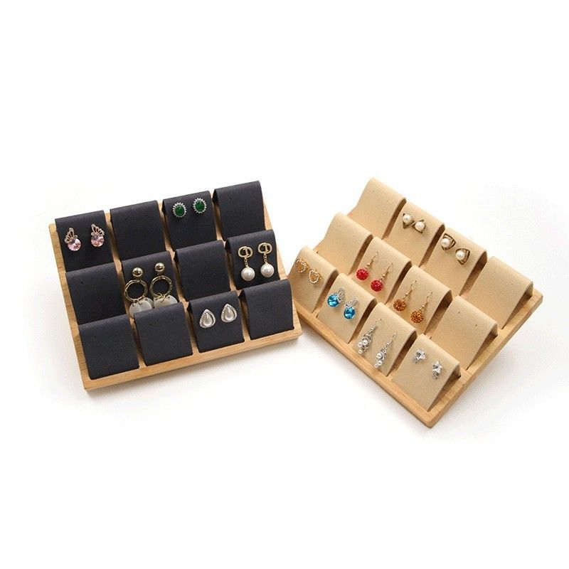 Soft Velvet Cover Wooden Jewelry Storage Display Tray Stand for Ear Studs Drops