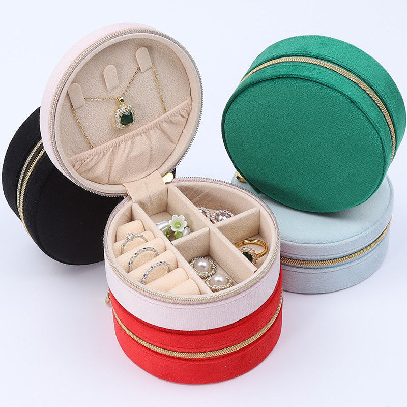 Round Shaped Soft Velvet Jewelry Storage Box Organizer Zipper Bag For Travel