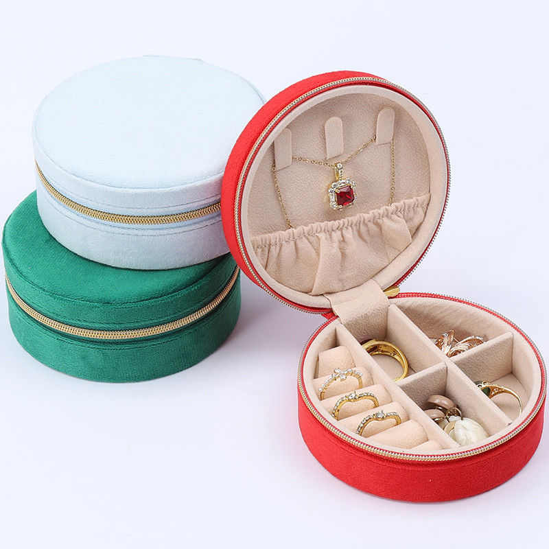 Round Shaped Soft Velvet Jewelry Storage Box Organizer Zipper Bag For Travel