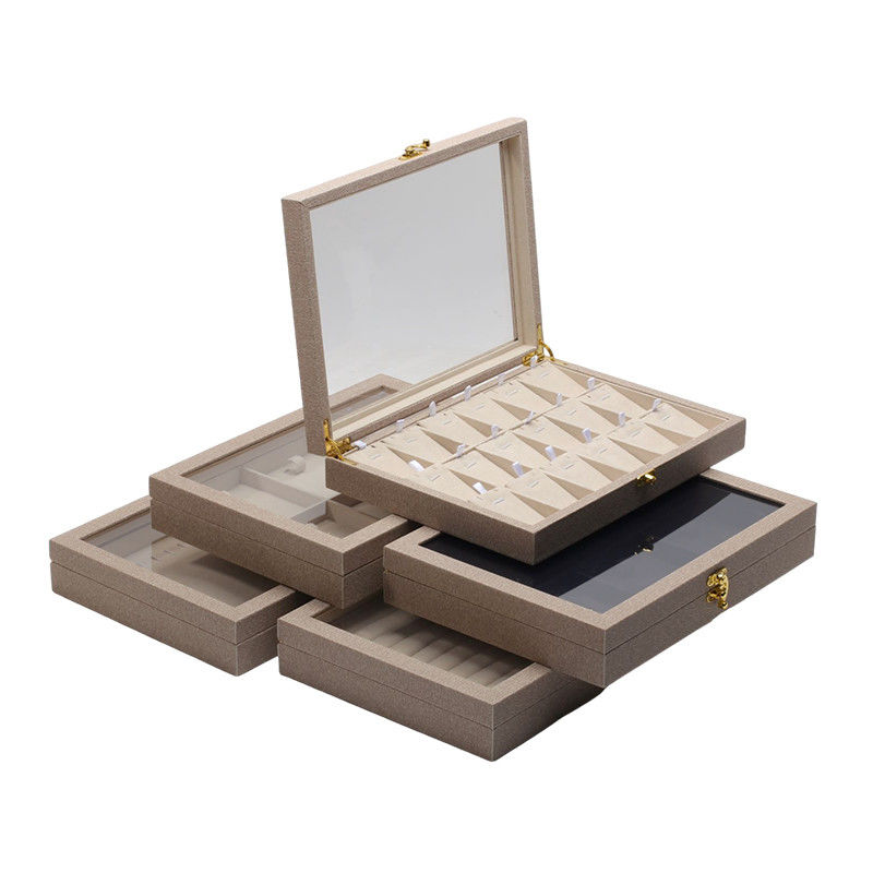 Multiple Cells Jewelry Display Plate Transparent Cover Leather Jewelry Display Tray