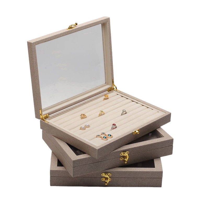 Multiple Cells Jewelry Display Plate Transparent Cover Leather Jewelry Display Tray