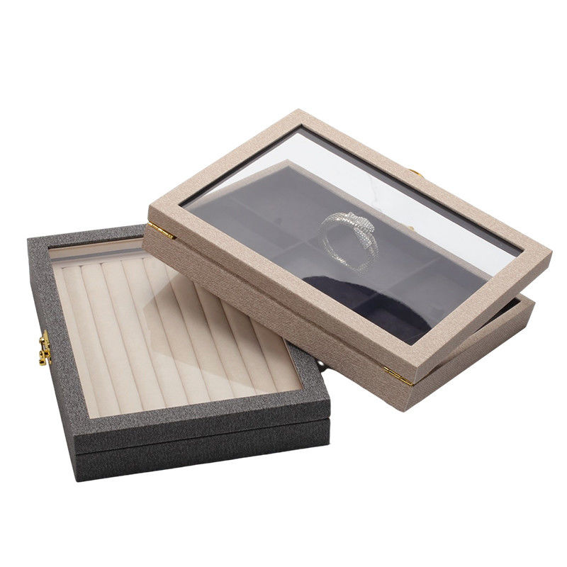 Multiple Cells Jewelry Display Plate Transparent Cover Leather Jewelry Display Tray