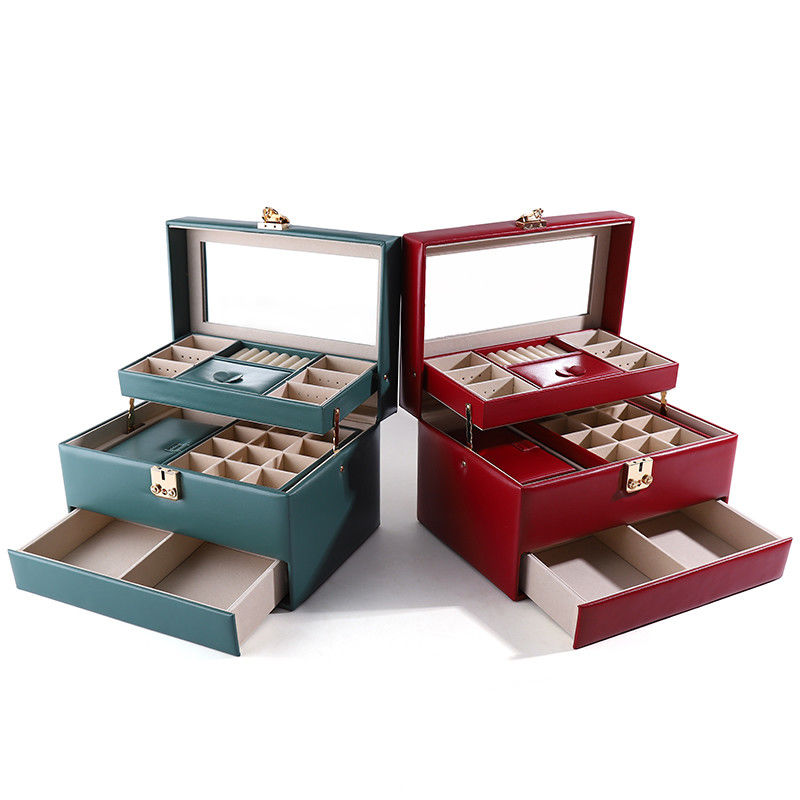 Portable PU Leather Travel Jewelry Drawer Organizer Box With Mirror Multi Function