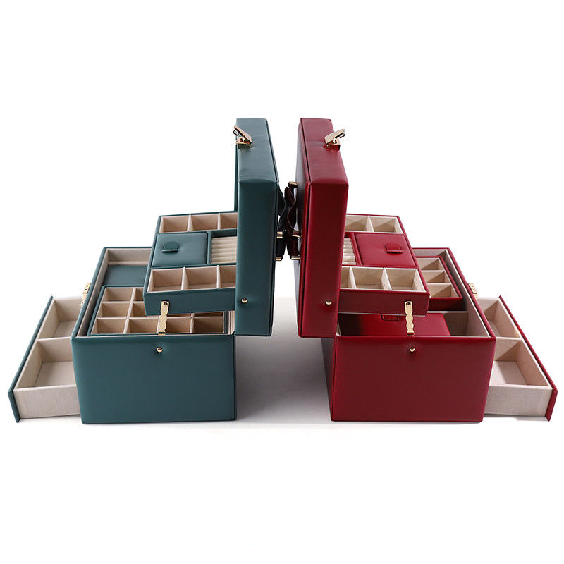 Portable PU Leather Travel Jewelry Drawer Organizer Box With Mirror Multi Function