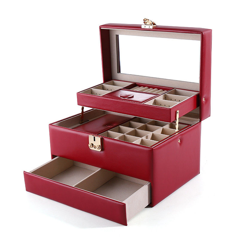 Portable PU Leather Travel Jewelry Drawer Organizer Box With Mirror Multi Function