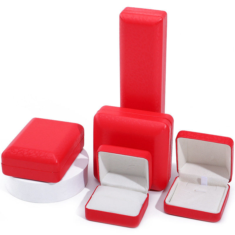 Red Convex Roof PU Leather Luxury Jewelry Box Set with Snow Grain Velvet Lining