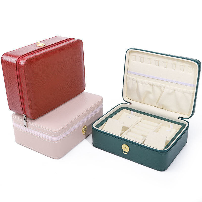 Ring-Pull Ornament PU Leather Travel Jewelry Organizer Multi-Cells Zipper Box