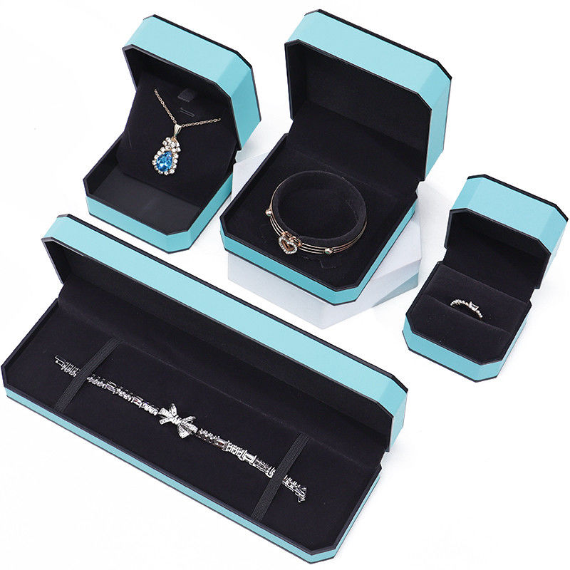 Cyan Sleek Octagonal Faux Leather Jewelry Box Package With Black Border Ornament