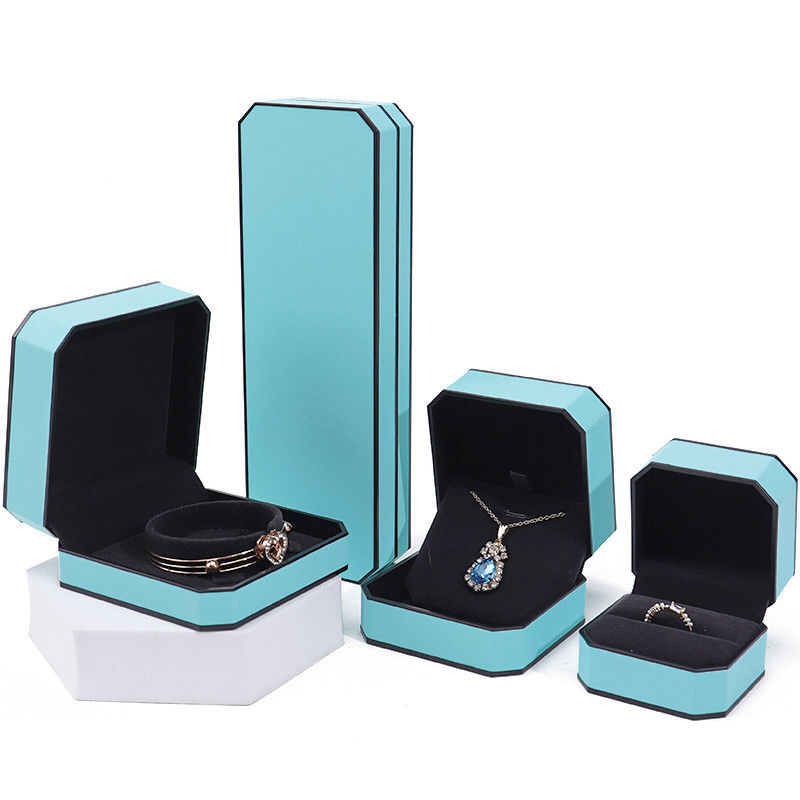 Cyan Sleek Octagonal Faux Leather Jewelry Box Package With Black Border Ornament