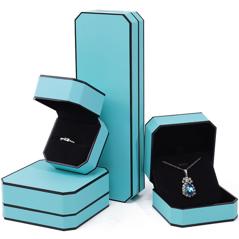 Cyan Sleek Octagonal Faux Leather Jewelry Box Package With Black Border Ornament
