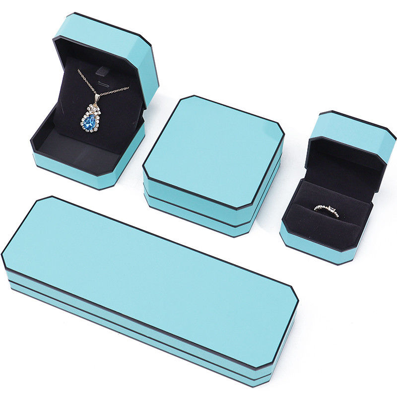 Cyan Sleek Octagonal Faux Leather Jewelry Box Package With Black Border Ornament