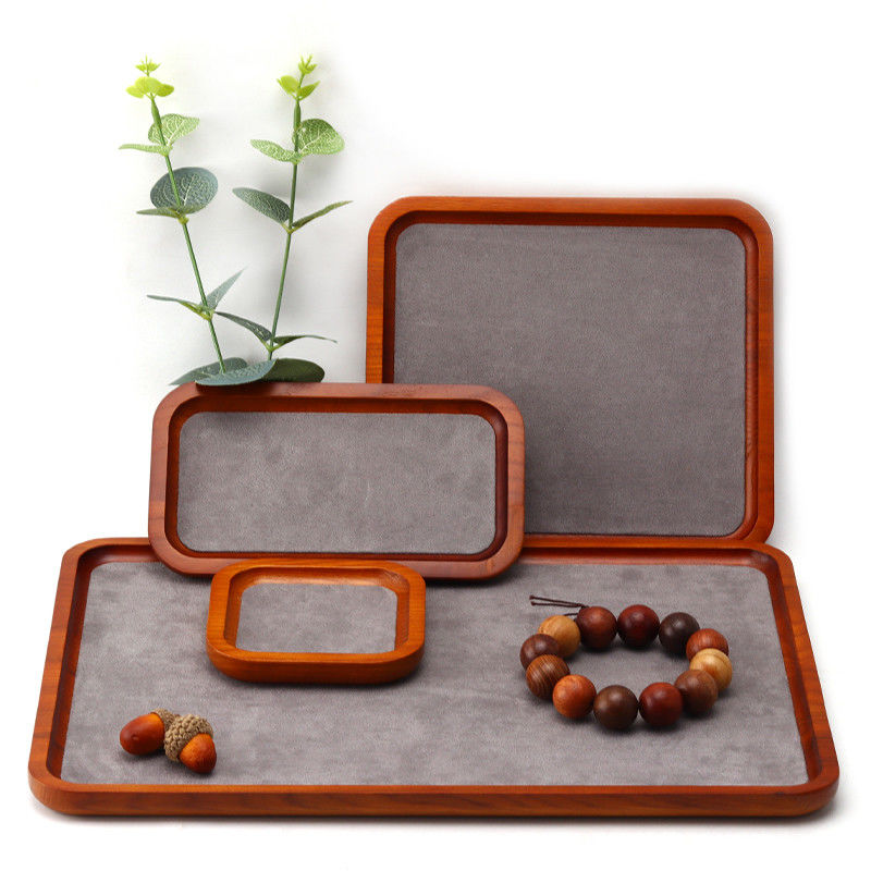 Red Edge Wooden Jewelry Display Props Super Fiber Lining Exhibition Display Trays
