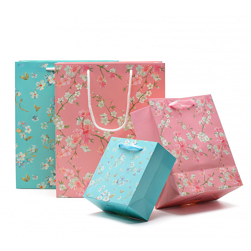Flower Pattern Sturdy Cardboard Paper Tote Bag With Handles For Girl'S Birthday Gift