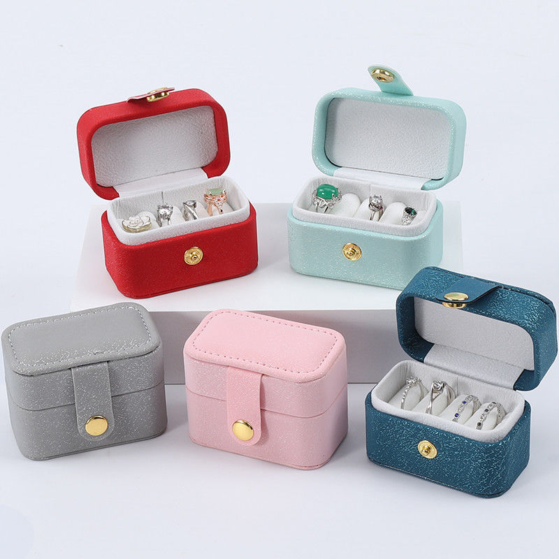 Mini PU Leather Ear Stud Ring Storage Box Jewelry Holder With Button Closure