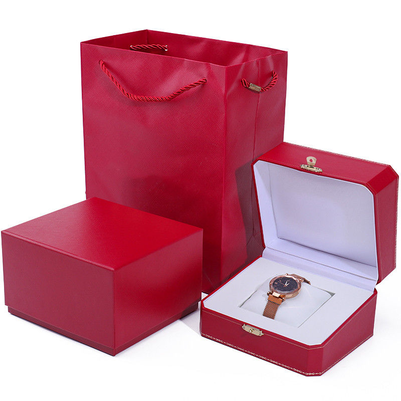 Captivating Octagonal Hard Paper Watch Case Box With Gold Button Ornament