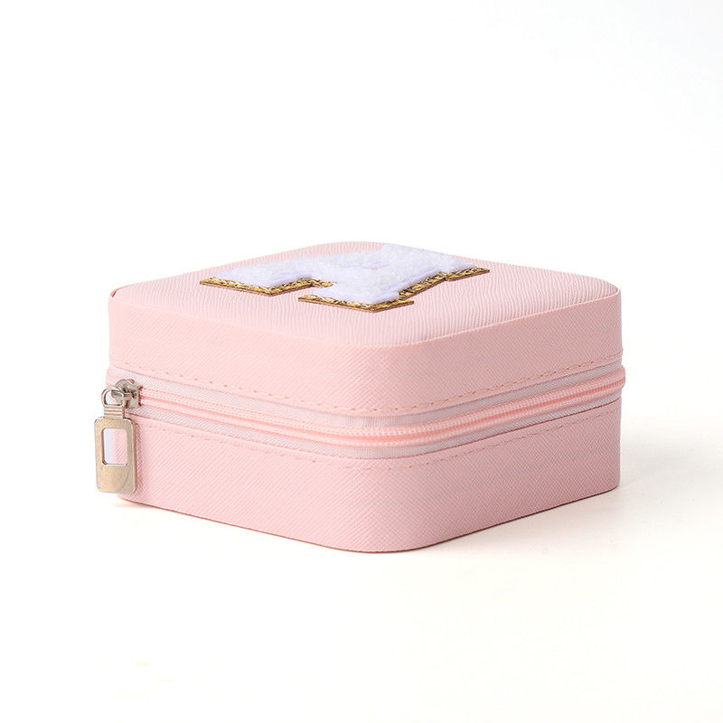 Portable Small Pu Leather Beaded Velvet Pink Jewelry Storage Box