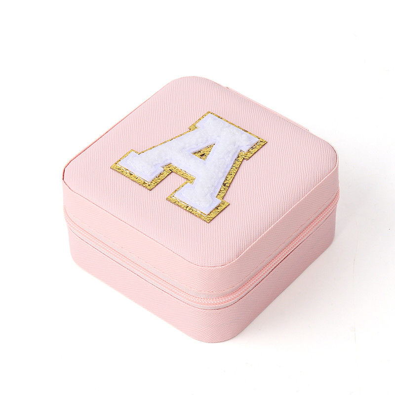 Portable Small Pu Leather Beaded Velvet Pink Jewelry Storage Box