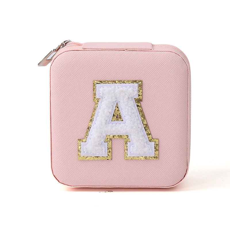 Portable Small Pu Leather Beaded Velvet Pink Jewelry Storage Box