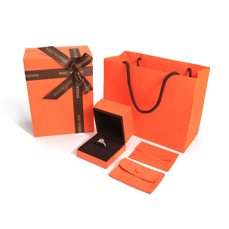 Cardboard lid and base jewellery box orange Paper jewelry gift Box with bag