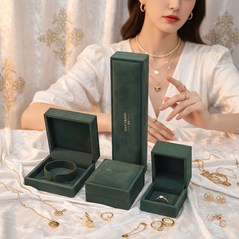 hign quality velvet Jewellery Box handmade square Dark green Velvet Jewelry Box for Necklace Bracelet Ring